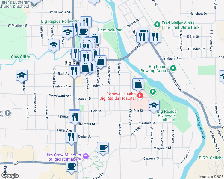 map of restaurants, bars, coffee shops, grocery stores, and more near 322 South Stewart Avenue in Big Rapids