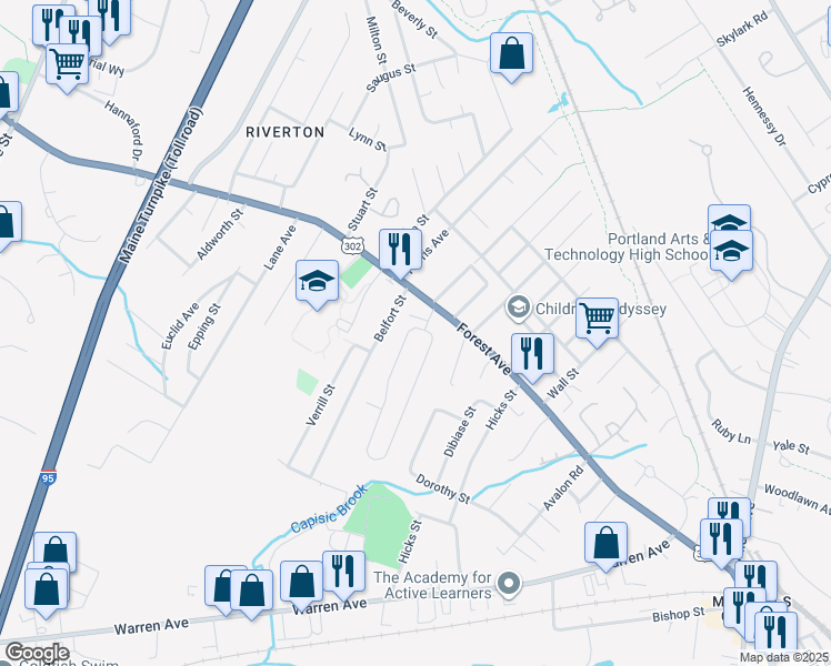 map of restaurants, bars, coffee shops, grocery stores, and more near 28 West Commonwealth Drive in Portland