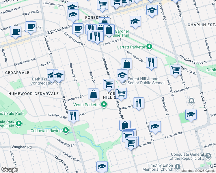 map of restaurants, bars, coffee shops, grocery stores, and more near 8 Ardmore Road in Toronto