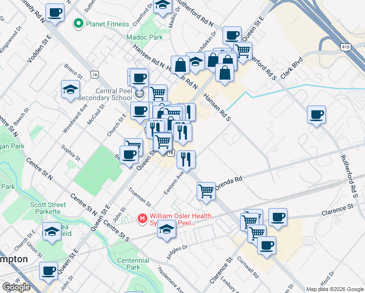 map of restaurants, bars, coffee shops, grocery stores, and more near 16 Kennedy Road South in Brampton