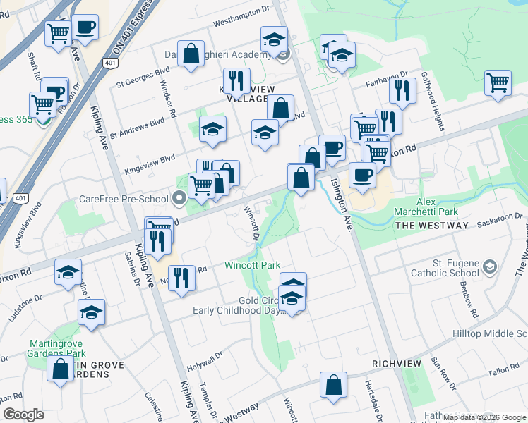 map of restaurants, bars, coffee shops, grocery stores, and more near 11 Wincott Drive in Toronto