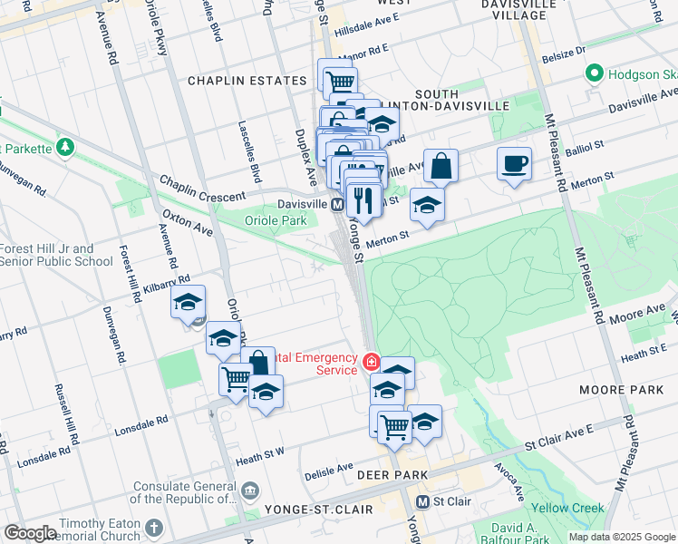 map of restaurants, bars, coffee shops, grocery stores, and more near 21 Lascelles Boulevard in Toronto