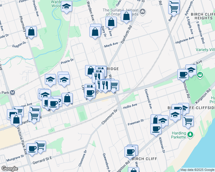 map of restaurants, bars, coffee shops, grocery stores, and more near 41 Danforth Road in Toronto