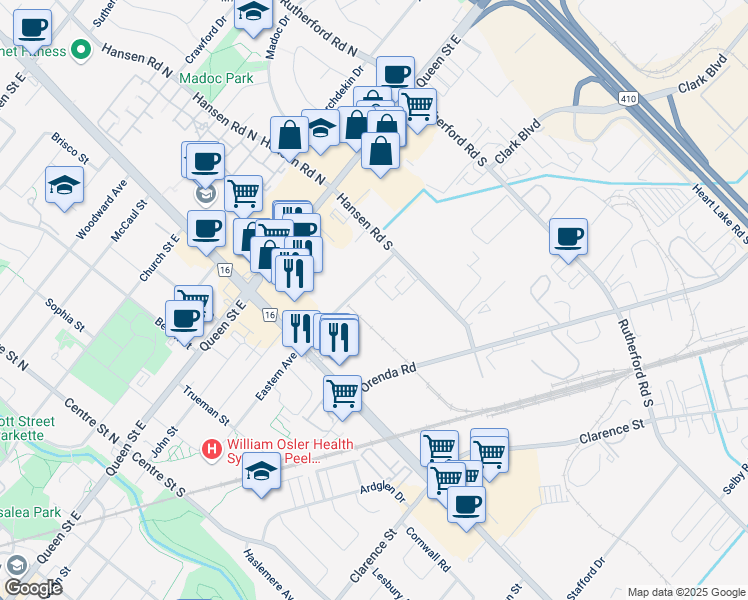 map of restaurants, bars, coffee shops, grocery stores, and more near in Brampton