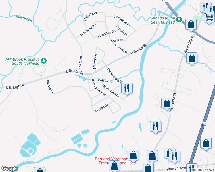 map of restaurants, bars, coffee shops, grocery stores, and more near 9 Declaration Drive in Westbrook