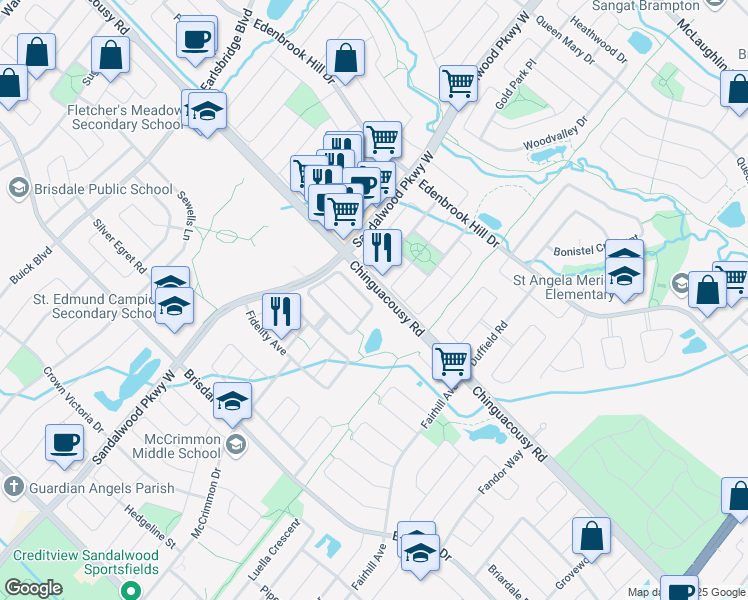map of restaurants, bars, coffee shops, grocery stores, and more near 70 Sweetwood Circle in Brampton