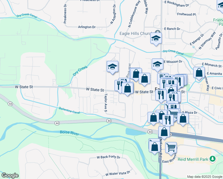 map of restaurants, bars, coffee shops, grocery stores, and more near 515 West State Street in Eagle