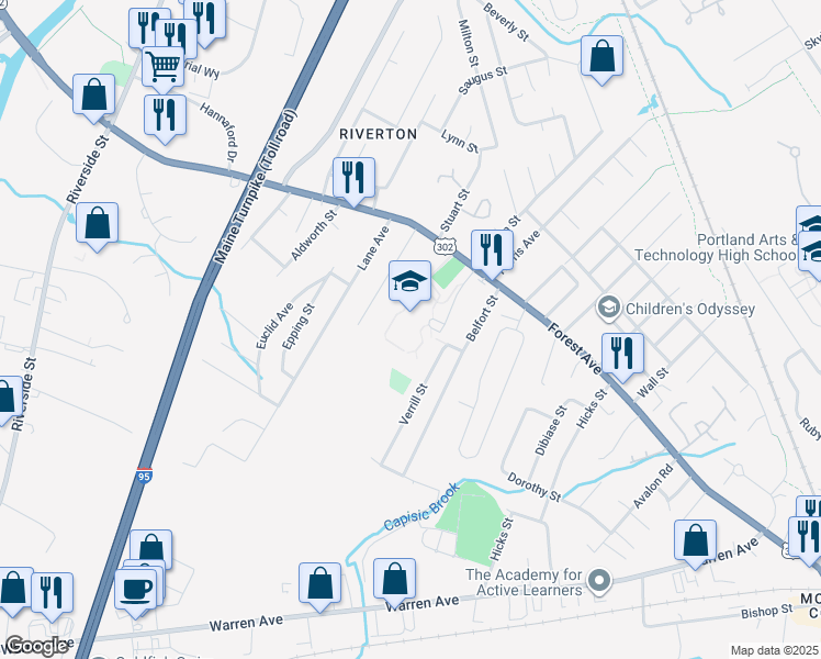 map of restaurants, bars, coffee shops, grocery stores, and more near 1592 Forest Avenue in Portland