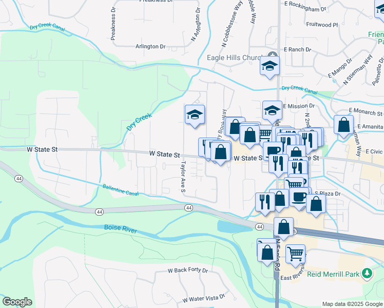 map of restaurants, bars, coffee shops, grocery stores, and more near 515 West State Street in Eagle