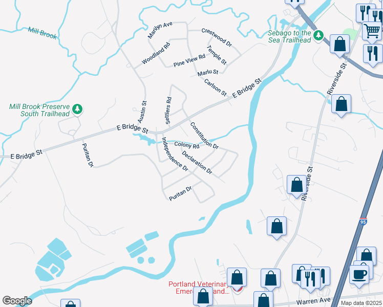 map of restaurants, bars, coffee shops, grocery stores, and more near 9 Declaration Drive in Westbrook