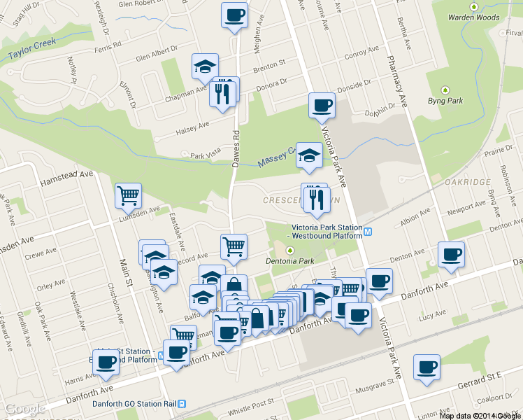 map of restaurants, bars, coffee shops, grocery stores, and more near in Toronto