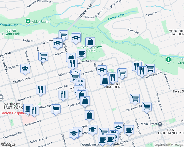 map of restaurants, bars, coffee shops, grocery stores, and more near in Toronto