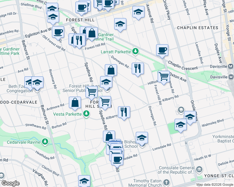 map of restaurants, bars, coffee shops, grocery stores, and more near in Toronto