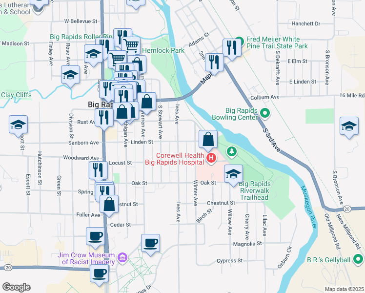 map of restaurants, bars, coffee shops, grocery stores, and more near 329 Ives Avenue in Big Rapids