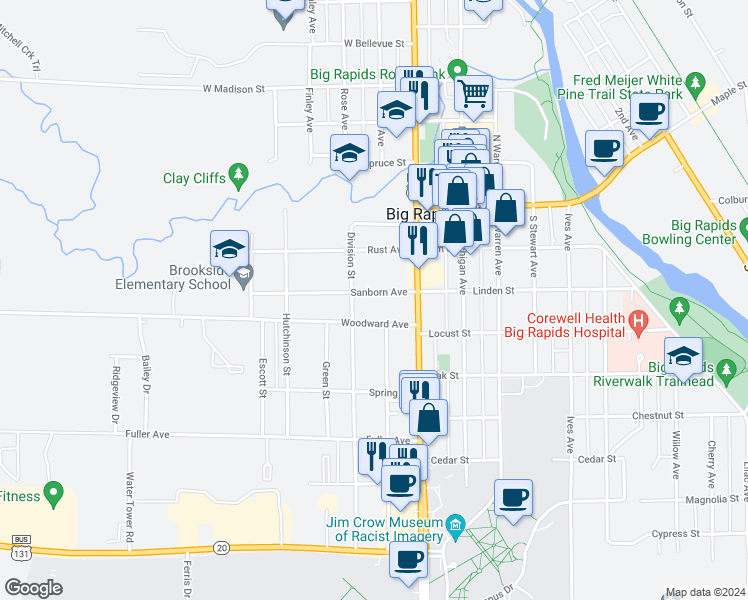 map of restaurants, bars, coffee shops, grocery stores, and more near 209 Sanborn Avenue in Big Rapids