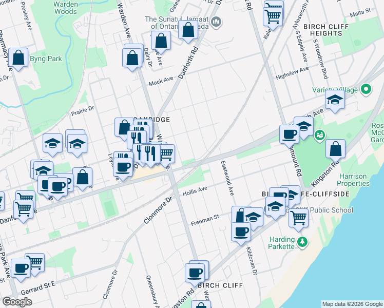 map of restaurants, bars, coffee shops, grocery stores, and more near 10 Medford Avenue in Toronto