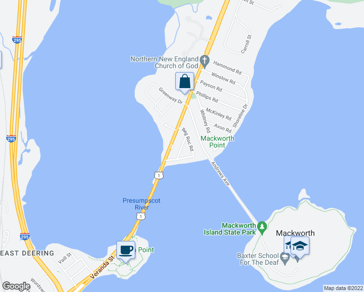 map of restaurants, bars, coffee shops, grocery stores, and more near Justamere Rd in Falmouth