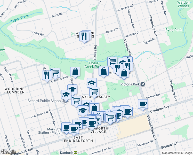 map of restaurants, bars, coffee shops, grocery stores, and more near 100 Goodwood Park Court in Toronto