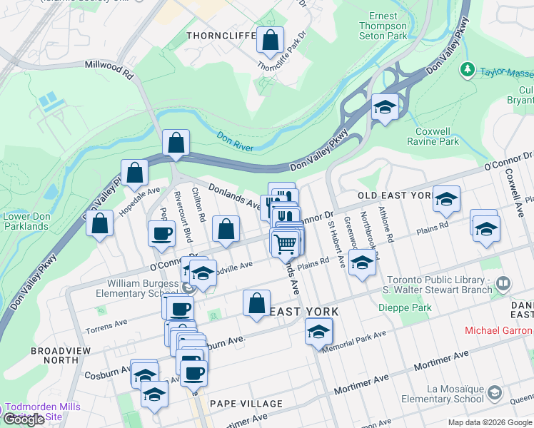 map of restaurants, bars, coffee shops, grocery stores, and more near 302 O'Connor Drive in Toronto