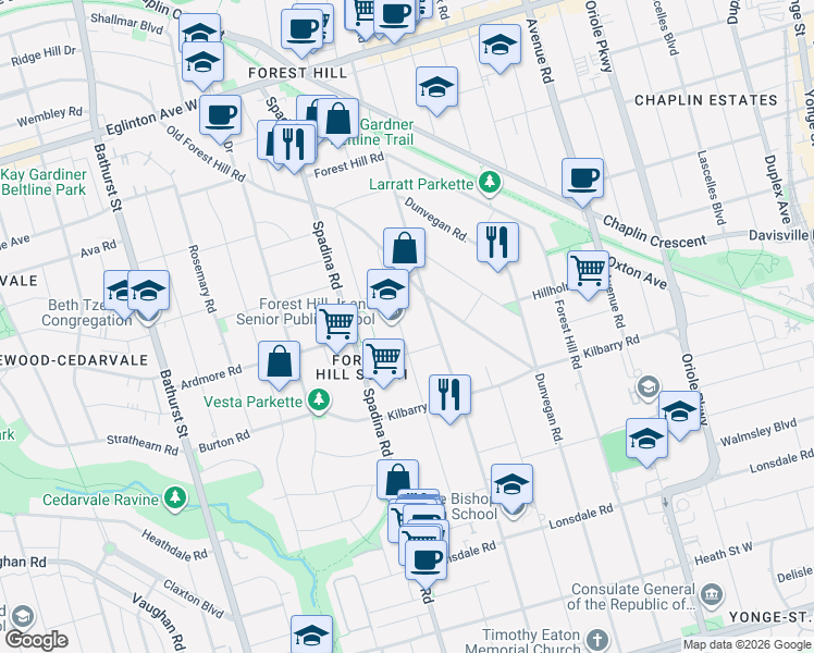 map of restaurants, bars, coffee shops, grocery stores, and more near in Toronto