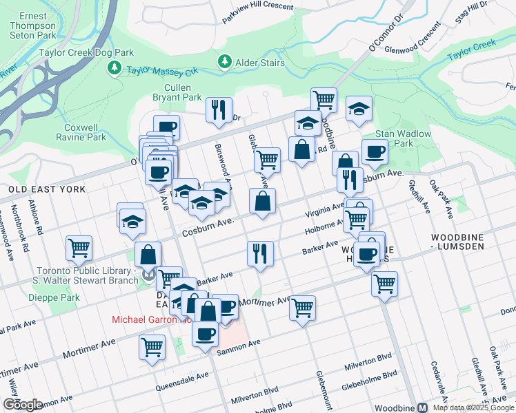 map of restaurants, bars, coffee shops, grocery stores, and more near 1a Roblin Avenue in Toronto