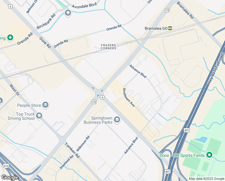 map of restaurants, bars, coffee shops, grocery stores, and more near 18 Strathearn Avenue in Brampton