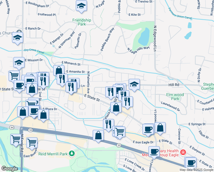 map of restaurants, bars, coffee shops, grocery stores, and more near 988 East Winding Creek Drive in Eagle