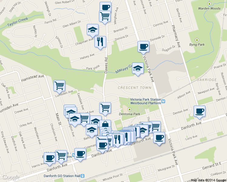 map of restaurants, bars, coffee shops, grocery stores, and more near in Toronto