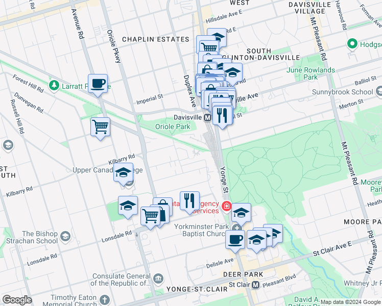 map of restaurants, bars, coffee shops, grocery stores, and more near in Toronto