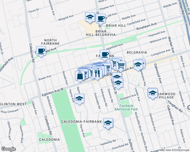 map of restaurants, bars, coffee shops, grocery stores, and more near 7 Fairbank Avenue in Toronto