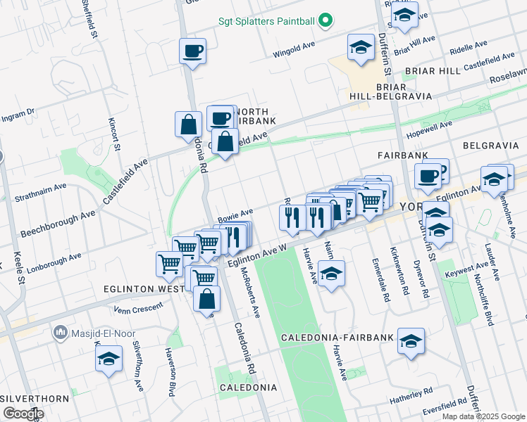 map of restaurants, bars, coffee shops, grocery stores, and more near in Toronto