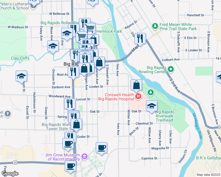map of restaurants, bars, coffee shops, grocery stores, and more near 322 South Stewart Avenue in Big Rapids