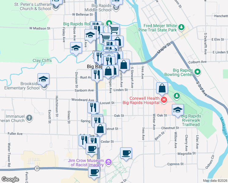 map of restaurants, bars, coffee shops, grocery stores, and more near 303 South Michigan Avenue in Big Rapids