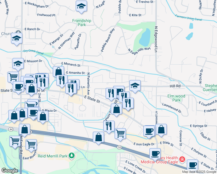map of restaurants, bars, coffee shops, grocery stores, and more near 980 Shadow Creek Lane in Eagle