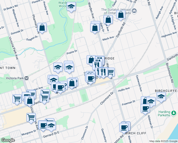 map of restaurants, bars, coffee shops, grocery stores, and more near 110 Denton Avenue in Toronto