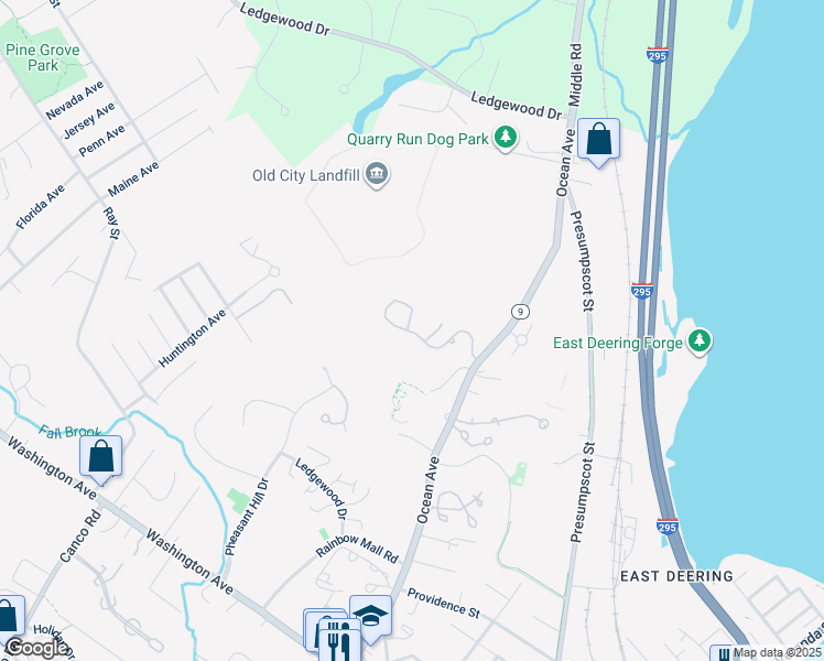 map of restaurants, bars, coffee shops, grocery stores, and more near 184 Ridge Road in Portland