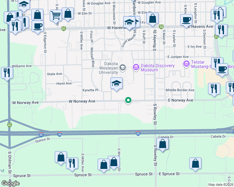 map of restaurants, bars, coffee shops, grocery stores, and more near 1500 West University Avenue in Mitchell