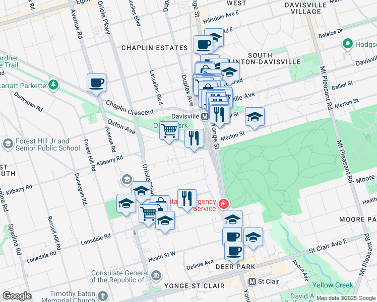 map of restaurants, bars, coffee shops, grocery stores, and more near 23 Lascelles Boulevard in Toronto