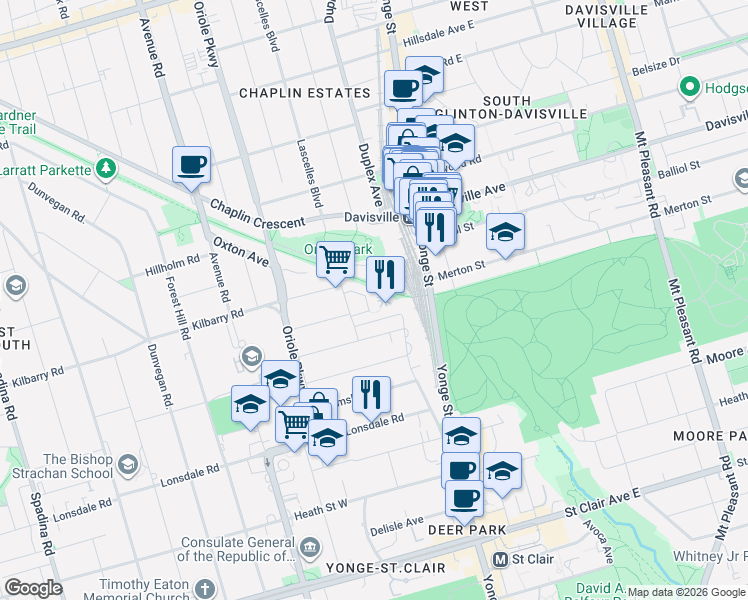 map of restaurants, bars, coffee shops, grocery stores, and more near 23 Lascelles Boulevard in Toronto