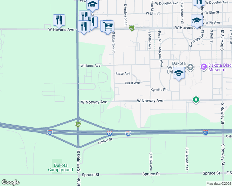 map of restaurants, bars, coffee shops, grocery stores, and more near 1020 West Norway Avenue in Mitchell