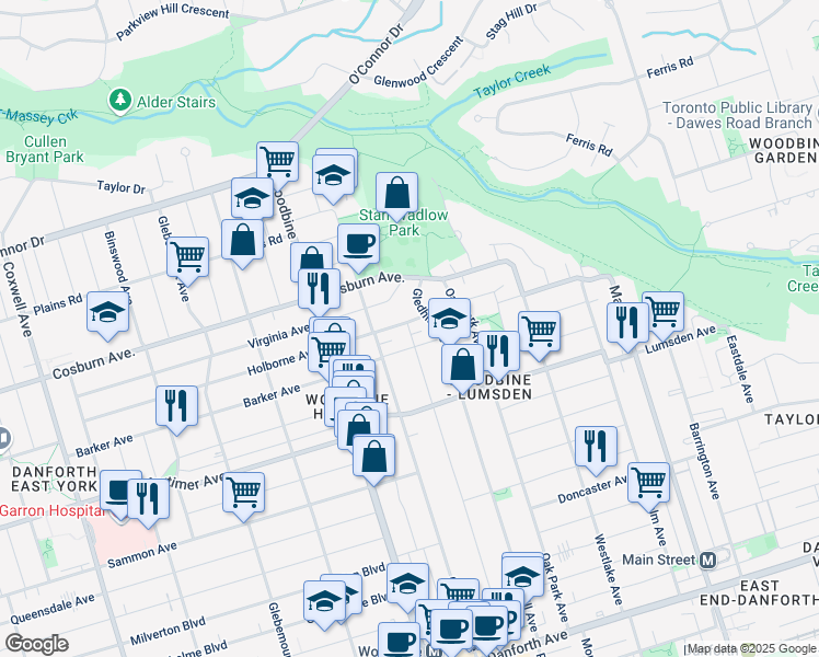 map of restaurants, bars, coffee shops, grocery stores, and more near 351 King Edward Avenue in Toronto