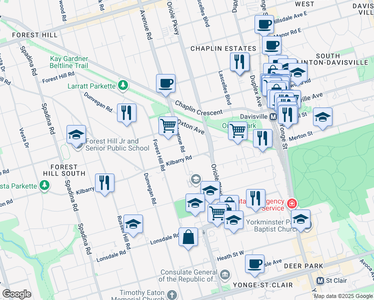 map of restaurants, bars, coffee shops, grocery stores, and more near in Toronto
