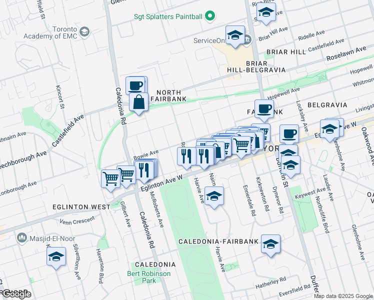 map of restaurants, bars, coffee shops, grocery stores, and more near in Toronto