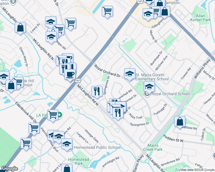 map of restaurants, bars, coffee shops, grocery stores, and more near 65 Summerfield Crescent in Brampton