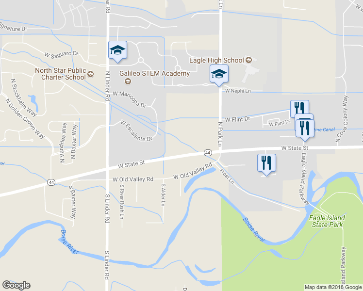 map of restaurants, bars, coffee shops, grocery stores, and more near 4162 West State Street in Eagle