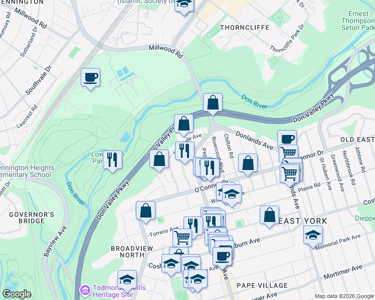 map of restaurants, bars, coffee shops, grocery stores, and more near 12 Minton Place in Toronto