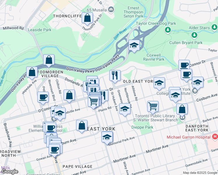 map of restaurants, bars, coffee shops, grocery stores, and more near 350 O'Connor Drive in Toronto