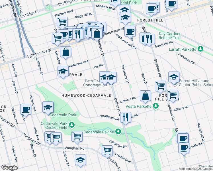 map of restaurants, bars, coffee shops, grocery stores, and more near 1700 Bathurst Street in Toronto