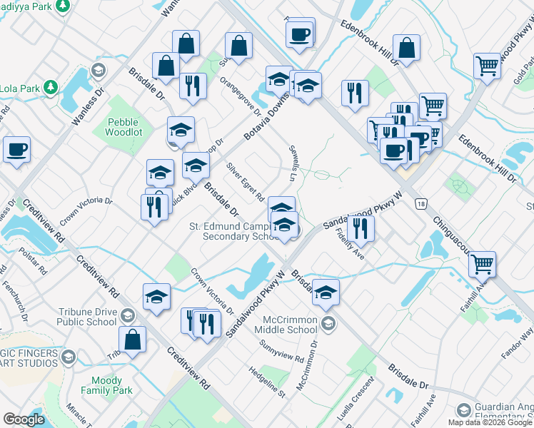 map of restaurants, bars, coffee shops, grocery stores, and more near 21 Sewells Lane in Brampton