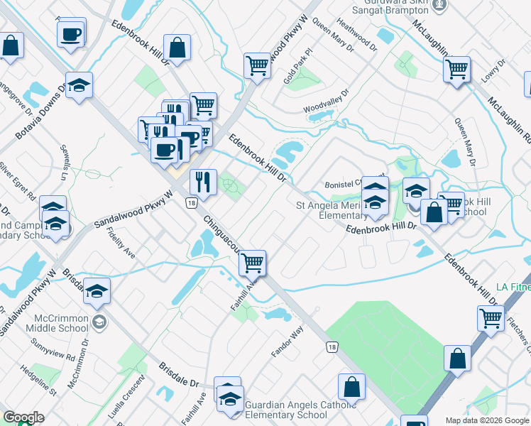 map of restaurants, bars, coffee shops, grocery stores, and more near 72 Penbridge Circle in Brampton